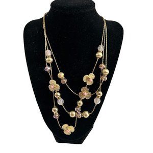 New York & Company Necklace Gold Tone Flowers Beaded 3 Tier 24" Statement NEW